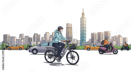 City commute with cyclist and motorist in urban landscape
