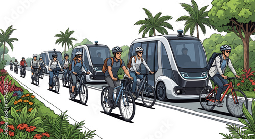 Cyclists riding alongside autonomous vehicles on a scenic road