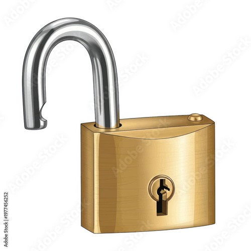 Unopened? Actually unlocked brass padlock with silver shackle representing security and access control in industrial metal hardware design.