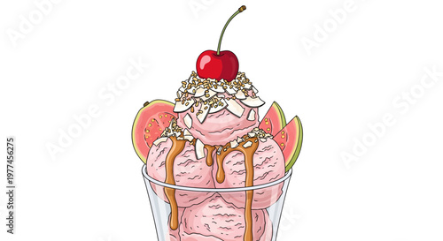 Delicious pink ice cream sundae with cherry and caramel sauce