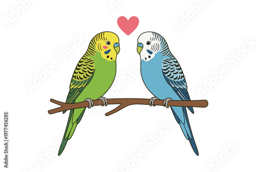 Pair of Cute Green and Blue Budgie Parrots Sitting on a Tree Branch with Heart Symbol, Love Birds Couple Vector Illustration for Valentines Day