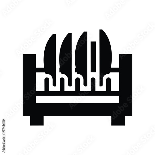 Minimalist black and white illustration of three knives in a wooden block, kitchen utensils concept
