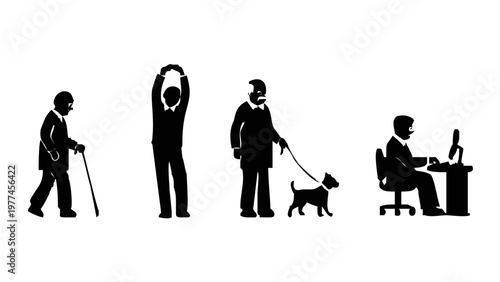 Silhouettes of people in various activities.