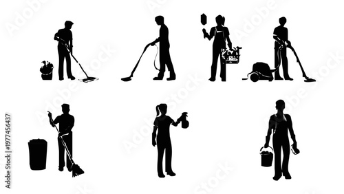 Silhouettes of people cleaning and maintenance.