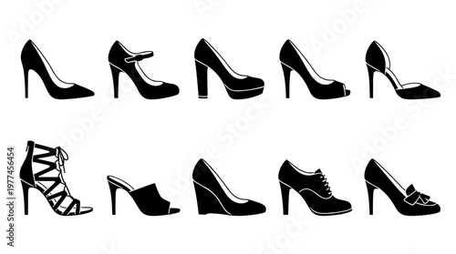 Women High Heels Shoes Silhouette Icons Collection, Fashionable Ladies Footwear Symbols, Stiletto Pumps Platforms Wedges and Sandals Vector Graphics Set