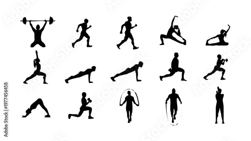 Silhouettes of people exercising with dumbbells.