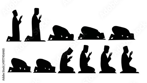 Muslims in various prayer positions silhouette.