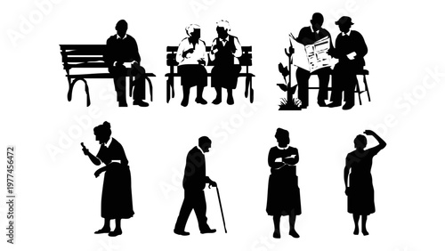 Silhouettes of senior people socializing.