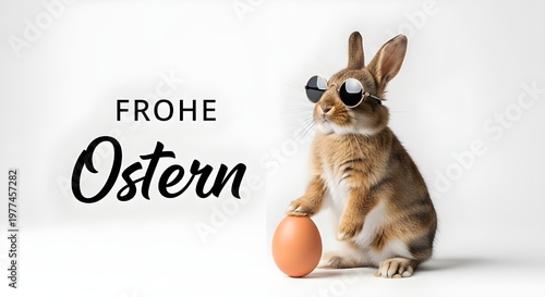 Frohe Ostern Konzept, Ferien Feiertag Grußkarte, Karte mit deutschem Text - Lustiger Osterhase Feldhase Hase mit Sonnenbrille und Ei, Osterei, isoliert auf weissem Hintergrund