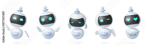 3d robot character. Cute ai mascot face, chat bot agent, happy digital hand app chatbot. Funny alien icon. Friendly assistant, technology support, communication interfaces. Vector isolated set