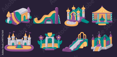 House slide. Bouncy water playground. Kid air jump trampoline or children balloon game park. Fun child equipment. Inflatable marquee. Party playroom. Vector amusement attractions set