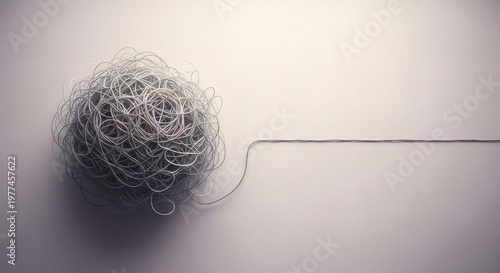 Tangled Ball of Wire with Single Unraveling Thread, Representing Complexity and Solutions perfect for Anxiety Awareness Month