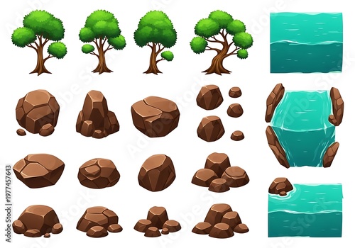 A collection of stylized game assets featuring various trees, rocks, and water block elements.