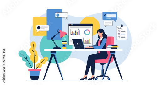 Professional woman diligently working on laptop at desk, analyzing charts and graphs, surrounded by communication bubbles, plant, and task list, symbolizing productivity and