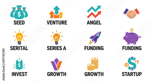 Diverse financial investment stages depicted with clean, modern icons and bold typography: seed funding bags, venture arrows, angel investors handshake, lightbulb ideas, rocket