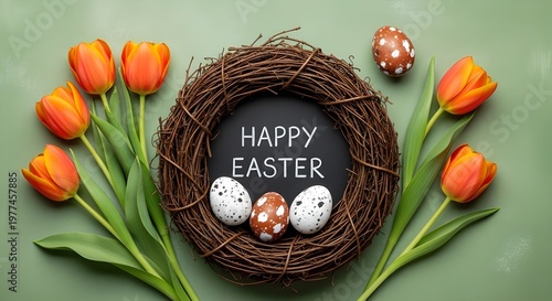 Happy Easter holiday celebration, greeting card with text - Nest with easter eggs and tulips, isolated on green background, top view
