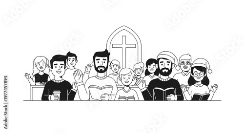 Diverse group of smiling people holding books and raising hands in a religious setting, celebrating community and faith with clean line art and a simple black and white palette,