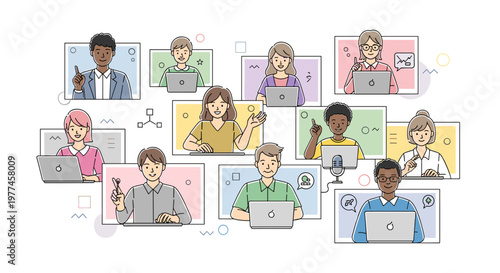 Diverse group of professionals collaborating remotely via video conference calls, showcasing modern teamwork and digital communication with laptops and microphones, presented in a