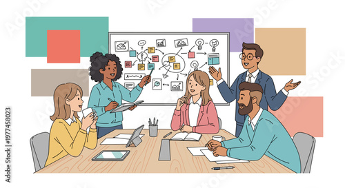 Diverse team collaborating around a conference table, brainstorming ideas with a detailed flowchart on a whiteboard, conveying synergy and strategic planning in a modern office