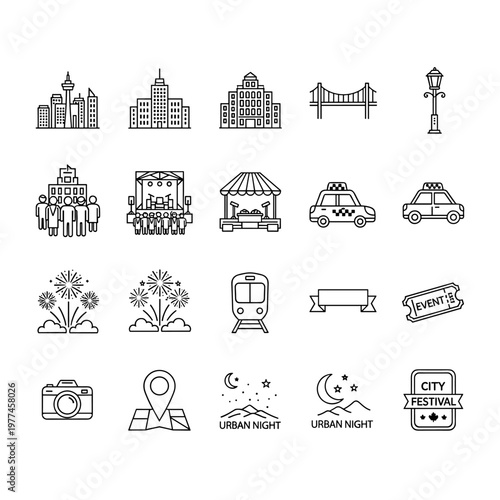 Collection of modern line art icons representing urban cityscapes, transportation, events, and nighttime scenes, featuring skyscrapers, bridges, streetlights, crowds, stages, food