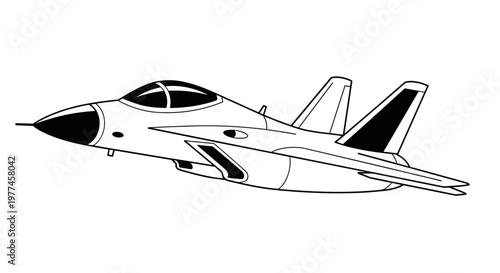 Sleek fighter jet soaring through the sky, depicted with bold black outlines and solid white shapes, showcasing its aerodynamic form and powerful silhouette for aviation-themed