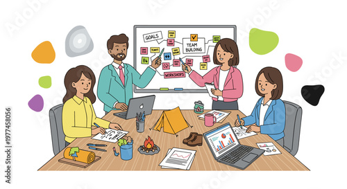 Diverse professionals collaborating enthusiastically around a wooden table, discussing goals and team building strategies using whiteboards, laptops displaying charts, and