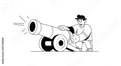 Whimsical character aiming a vintage cannon with muzzle flash lines, conveying a sense of readiness, action, or a powerful launch in a clean, minimalist, scalable vector graphic.