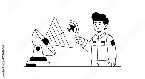Smiling male air traffic controller pointing towards a radar screen displaying a tracked airplane, representing aviation control, flight monitoring, and navigation systems in a
