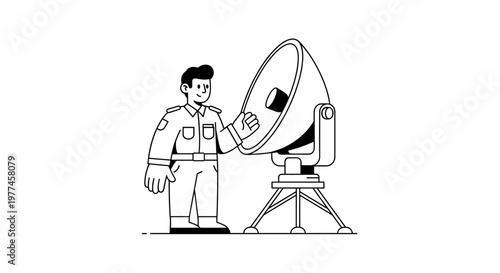 Smiling man in uniform adjusting large satellite dish on tripod, clean line art, simple geometric shapes, monochrome palette, clear composition, representing communication,