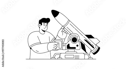 Young man wearing a t-shirt carefully adjusts a powerful rocket mounted on a complex launch system, featuring bold black outlines and clean geometric shapes, conveying a theme of