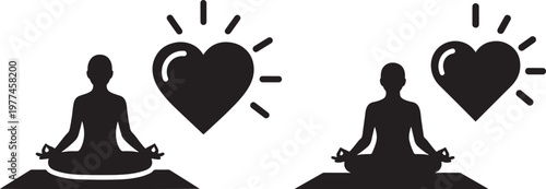 Silhouette of two people meditating with hearts and rays of light above them lotus position self care mental health body and mind spiritual growth positive energy positive vibes white