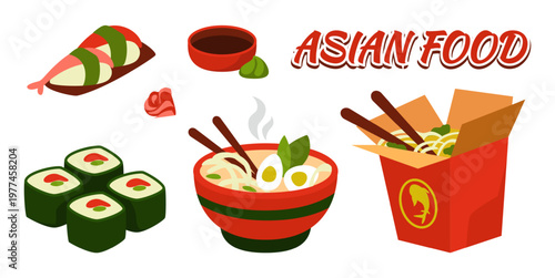 Food logo. Asian restaurant menu. Fastfood noodles box with chopsticks. Japanese sushi. Salmon sashimi. Ramen bowl. Wasabi and marinated ginger. Seafood eating. Vector oriental meals set