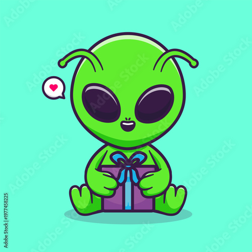 Cute Alien Holding Gift Box Cartoon