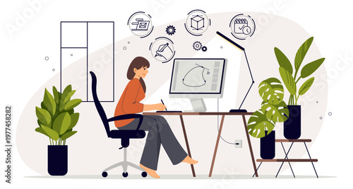 Woman work. Freelance at home, computer or secretary desk for business, marketing code. Remote character graphic designer. Creative process working. Vector cartoon isolated illustration