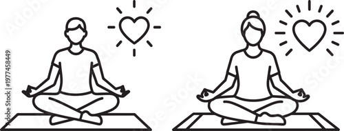 Line art icon of a man and woman meditating with glowing hearts lotus position self care mental health body and mind spiritual growth positive energy positive vibes white background wellness