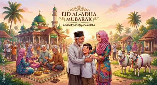 Happy Eid al-Adha Family Celebration with Mosque and Sheep in Village Scene