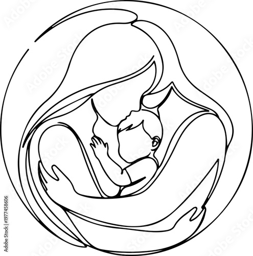 Continuous one line of a mother and child forming a circle, symbolizing unity and completeness, mother's day, style hand drawing vector illustration.