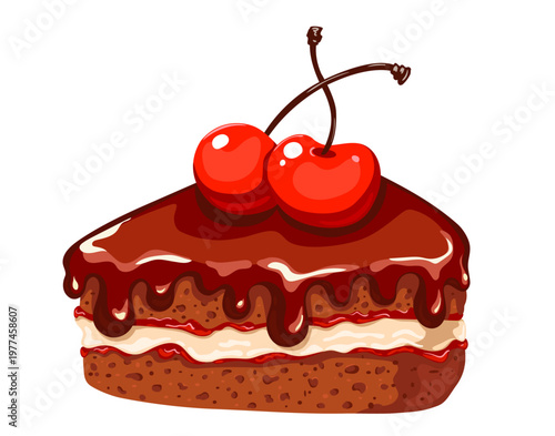 Canvastavla A delicious piece of chocolate cake with two cherries