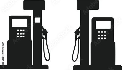 A stark black and white illustration depicts three gasoline fuel pumps showcasing a common roadside service station element high quality professional detailed modern