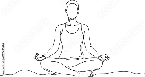 Woman Meditation Yoga Pose Line Art Illustration Minimal Female Sitting Lotus Position Calm Wellness Vector Design