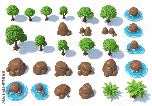 A comprehensive collection of isometric game assets including various trees rocks and water tiles