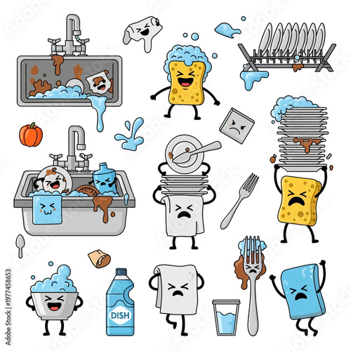 Funny Dirty Dishes and Cute Cartoon Sponges with Angry Faces