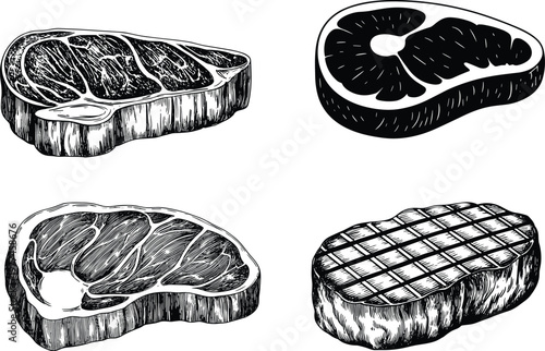 An illustrative depiction showcasing four different cuts of raw meat presented in a vintage black and white sketch style high quality professional detailed