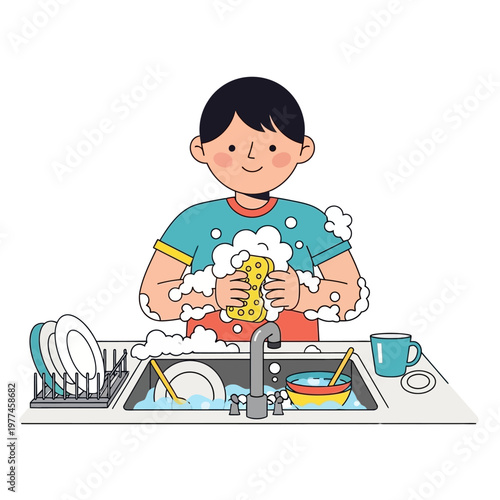 Happy boy washing dishes in kitchen sink with sponge and soap bubbles, chores