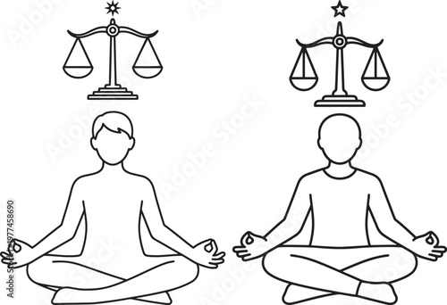 Two figures meditating with scales of justice above their heads symbolizing balance and equilibrium mental health balance scale meditation equilibrium serenity mindfulness spiritual reflection