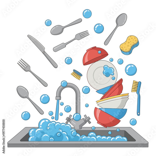 Kitchen sink overflowing with dirty dishes, cutlery, bubbles and sponge, cartoon style