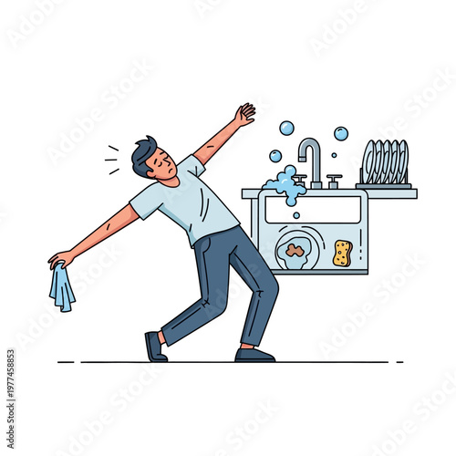 Man tired, exhausted, and dizzy while washing dishes, household chores, domestic work