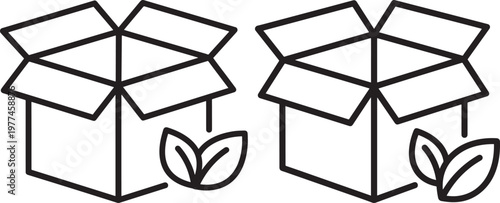 Two open cardboard boxes with green leaves representing eco-friendly packaging or shipping save the planet zero waste supply chain packaging shipping cardboard sustainable recyclable