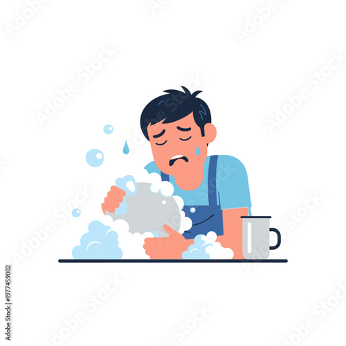 Man Washing Dishes With Sad Expression, Overflowing Soap Suds
