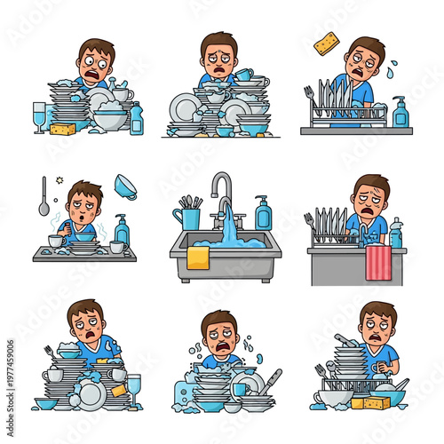 Man Overwhelmed by Pile of Dirty Dishes, Kitchen Chores Cartoon